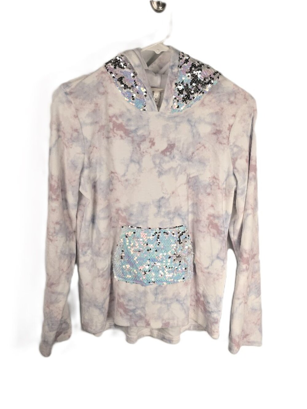 NWT Self Esteem Sequined Pullover Hoodie Girls XL White Pink Blue Tie Die Velour